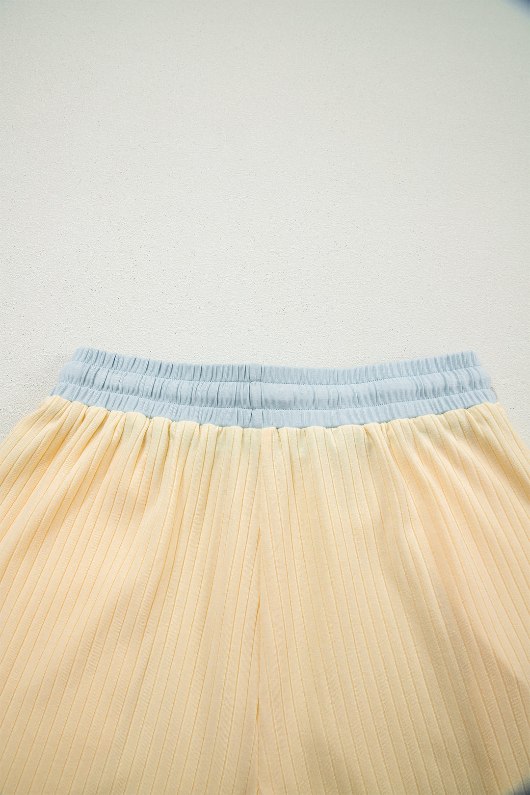 Yellow Cream Soft Ribbed Color Block Trim Casual Short Set