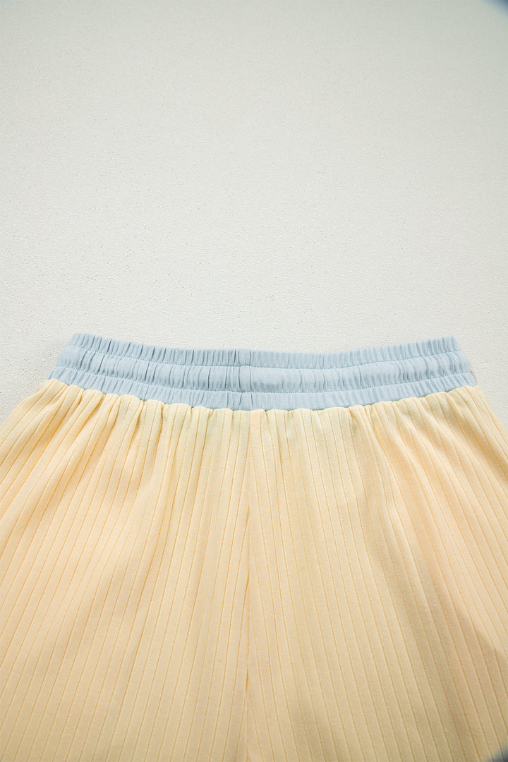 Yellow Cream Soft Ribbed Color Block Trim Casual Short Set