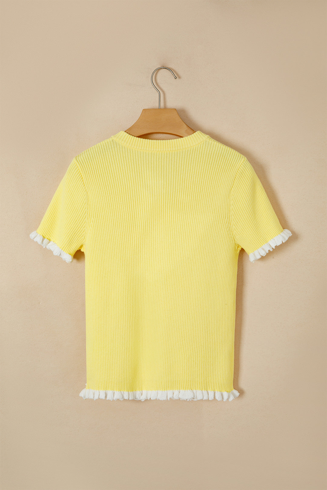 Yellow Cream Ribbed Knit Contrast Frilled Short Sleeve Sweater Cardigan