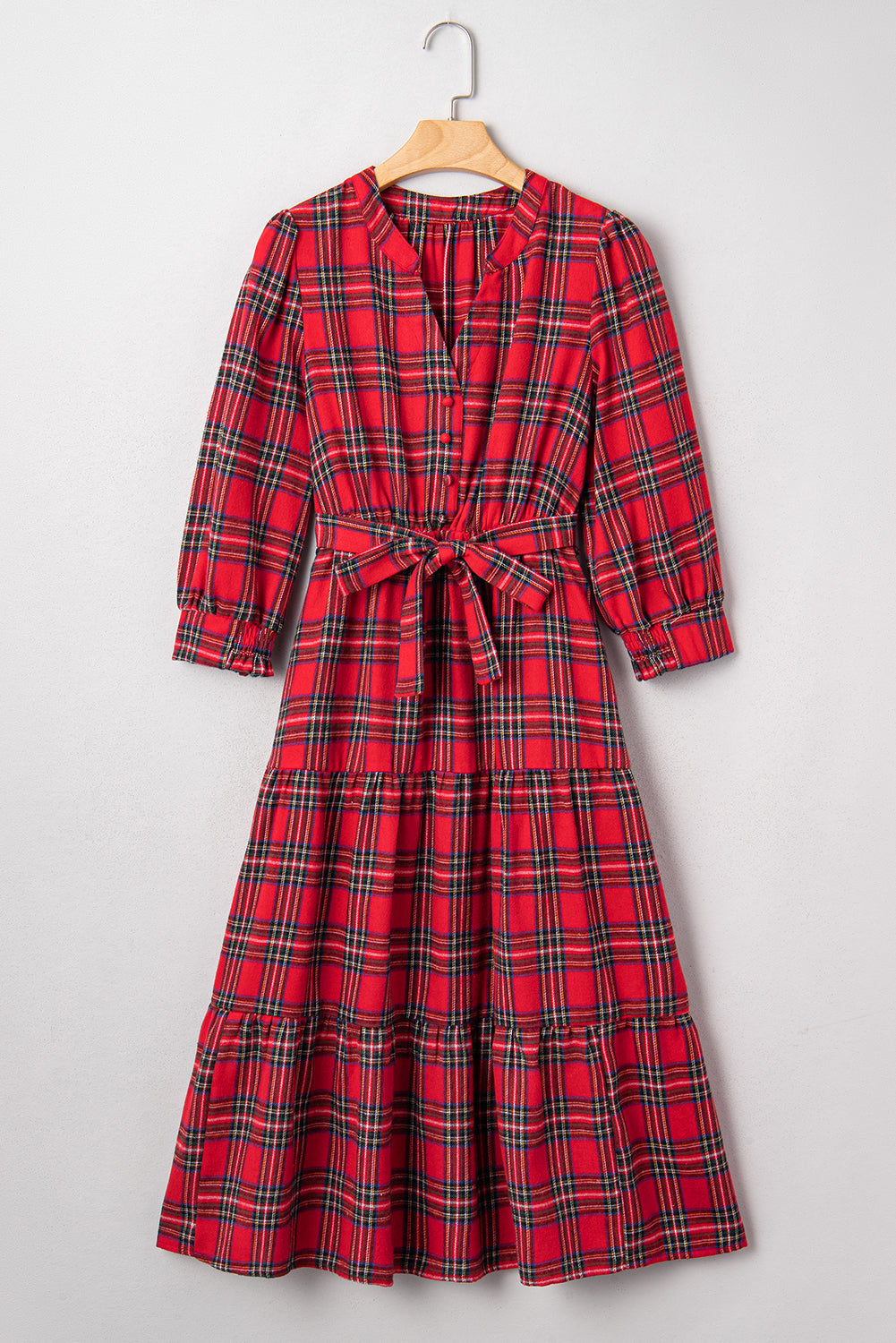 Christmas Plaid V Neck 3/4 Sleeve Tie Waist Ruffle Hem Long Dress