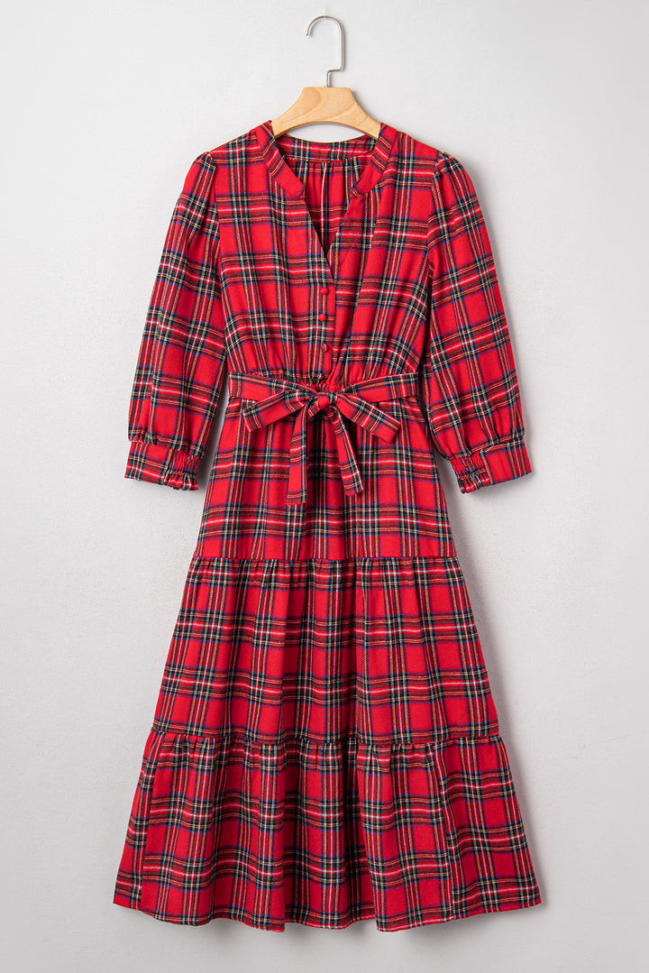 Christmas Plaid V Neck 3/4 Sleeve Tie Waist Ruffle Hem Long Dress