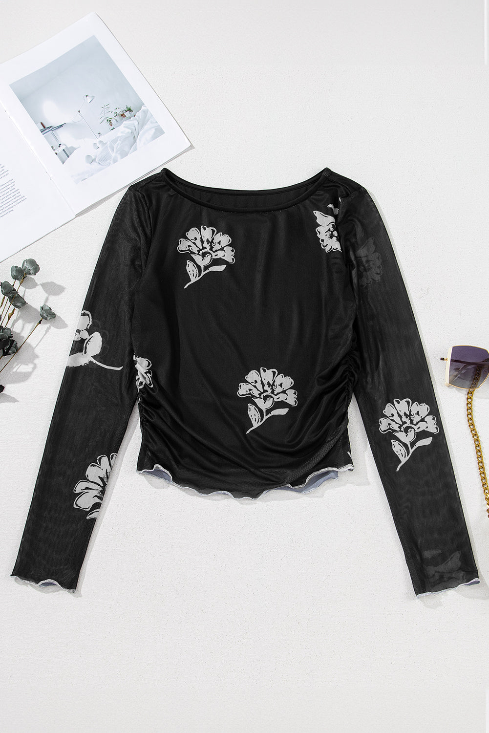 Floral Mesh Lettuce Edge Ruched Slim Long Sleeve Top