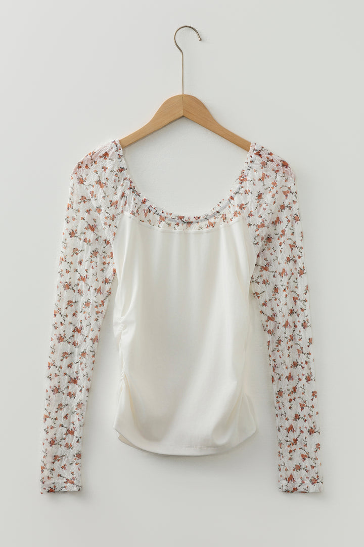 White Floral Lace Patchwork Square Neck Long Sleeve Top