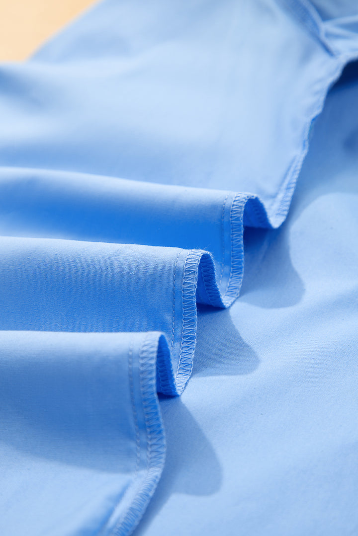 Sky Blue Contrast Striped V Neck Collision Short Puff Sleeve Blouse