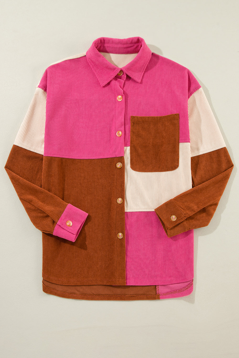 Rose Red Colorblock Curved Hem Corduroy Shacket