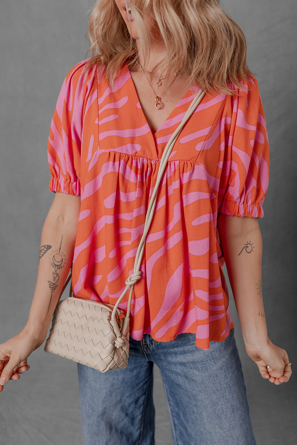 zebra stripe print ruched cuff half sleeve v neck blouse