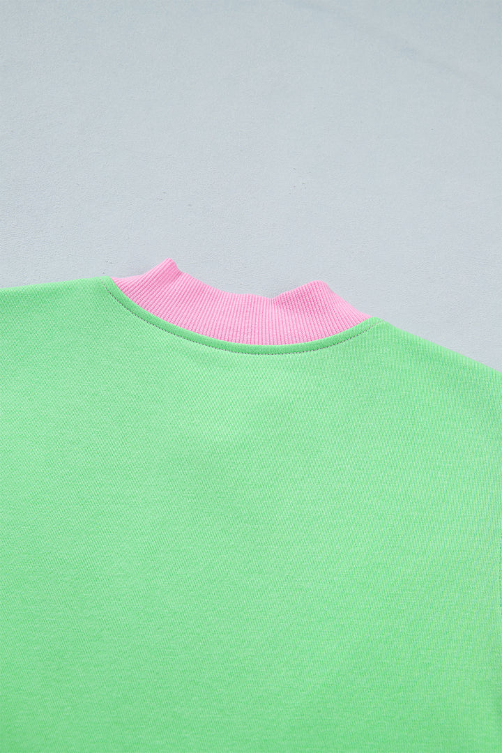 Green Color Block Accent Half Zip Top Athleisure Shorts Set