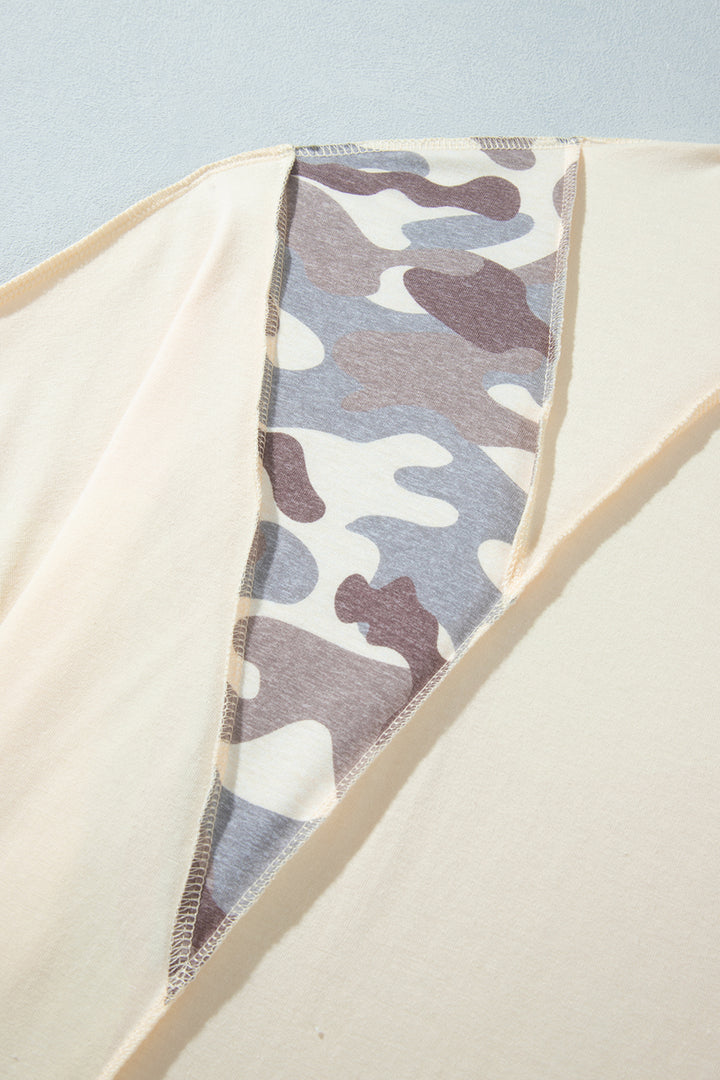 Apricot Camouflage Round Neck Loose Fit Plus Size Blouse