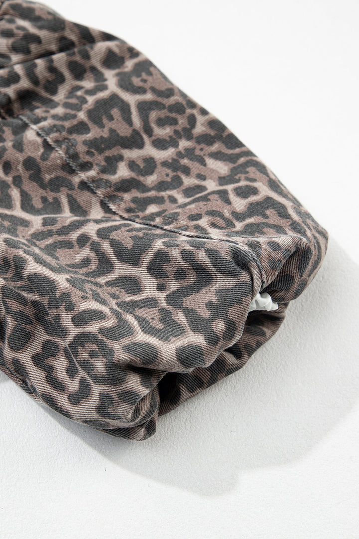 Brown Leopard Tie Neck Short Puff Sleeve Denim Babydoll Top