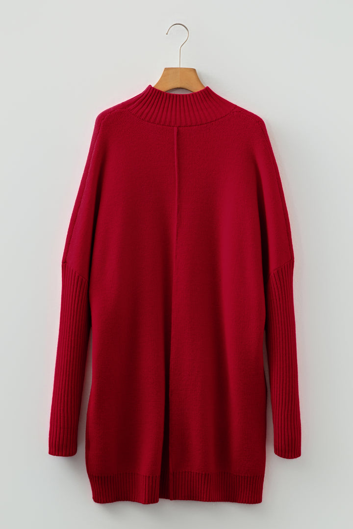 Ribbed High Neck Front Pockets Center Seam Shift Sweater Dress