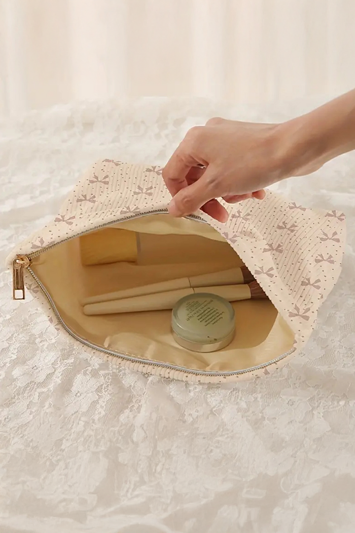 Bow Knot Dot Print Zipper Corduroy Cosmetic Bag