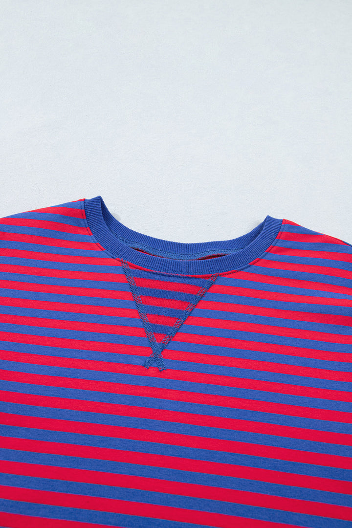 Navy Stripe Ribbed Cotton Two-Piece Short Set with Chest Patch Detail