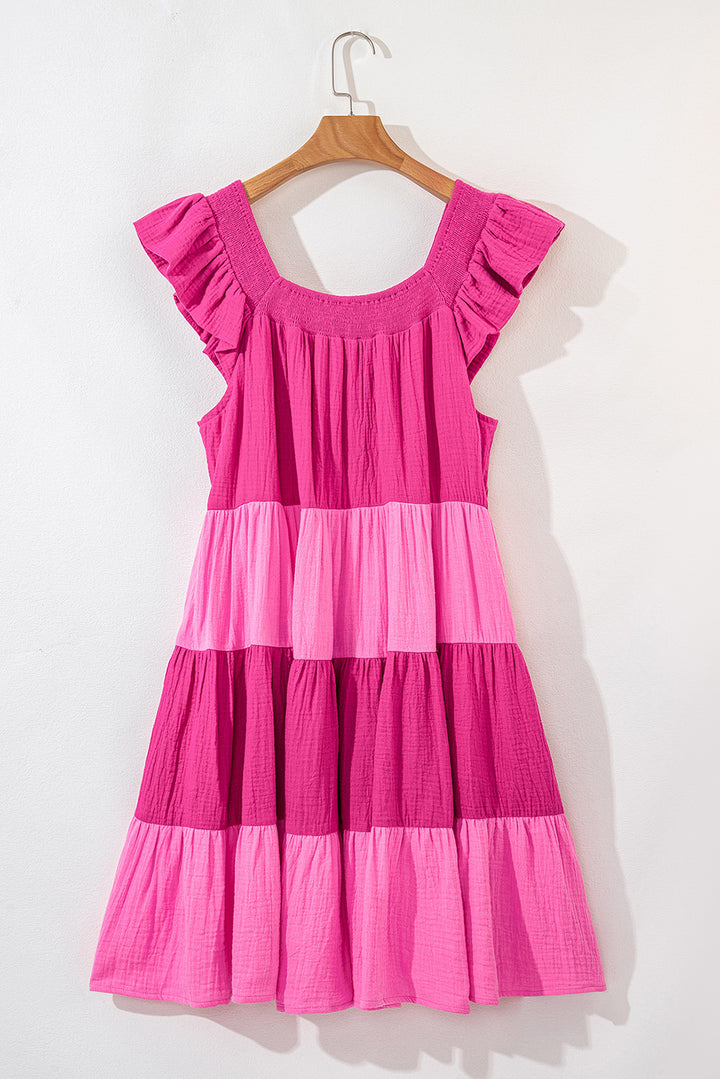 Cute Pink Crinkled Colorblock Patchwork Flutter Tiered Mini Babydoll Dress