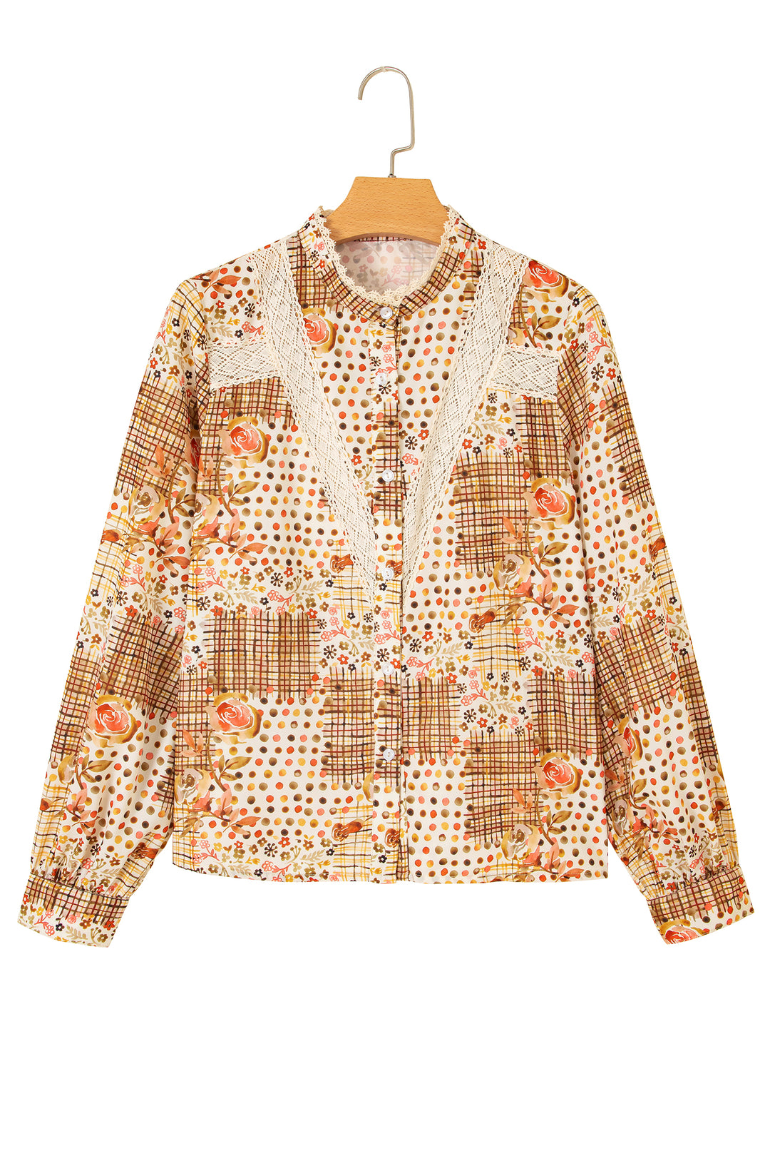 Brown Floral Lace Trim Button Down Long Sleeve Shirt