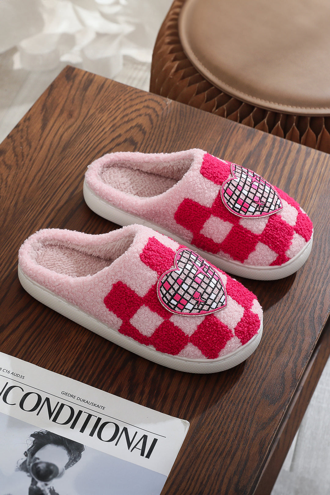 Disco Checkered Heart Plush Winter House Slippers