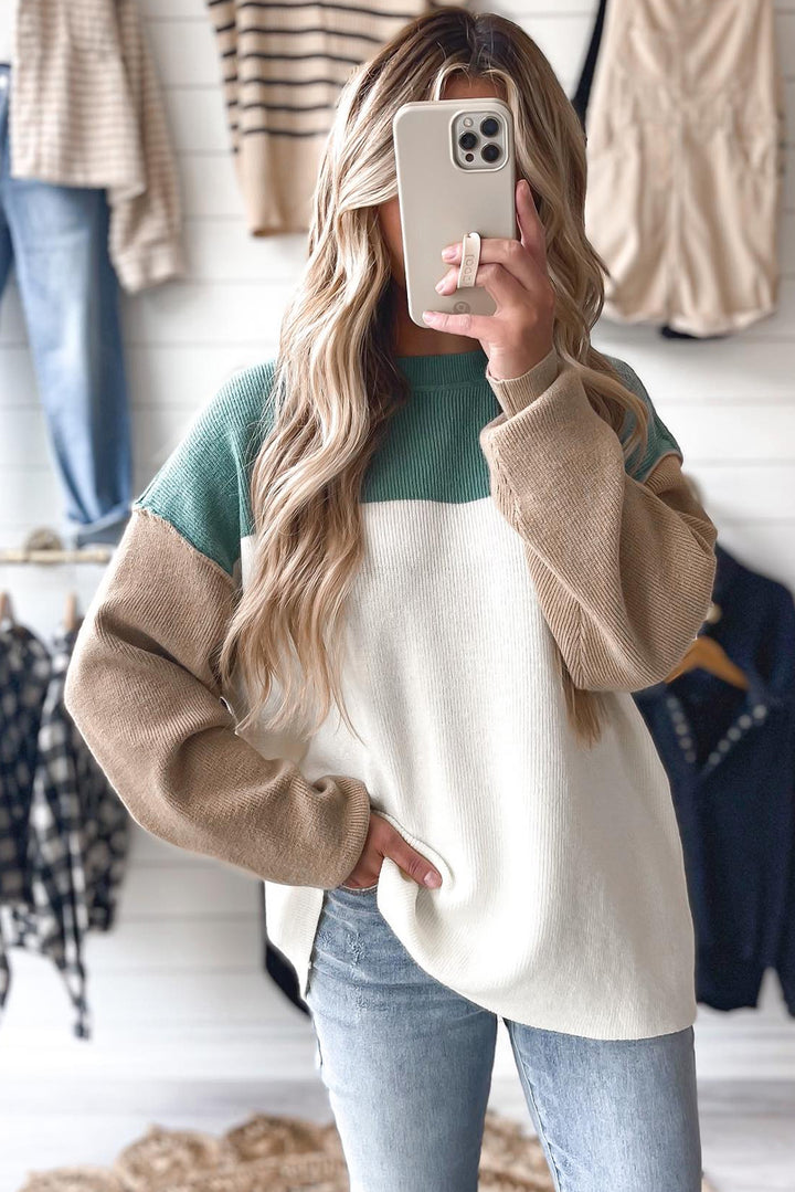 Color Block Plain Ribbed Knit Baggy Sweater