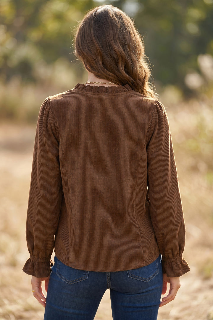 Coffee Solid Color Long Sleeve Button Corduroy Shakcet