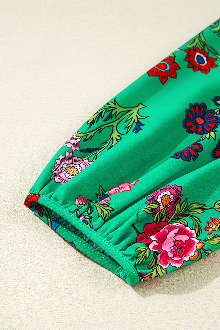 Robe mini boutonnée à volants et manches trois-quarts fleuries