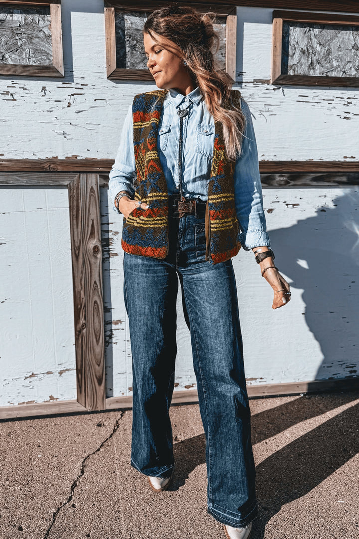Multicolour Western Print Faux Fur Metal Zipper Insert Pockets Vest