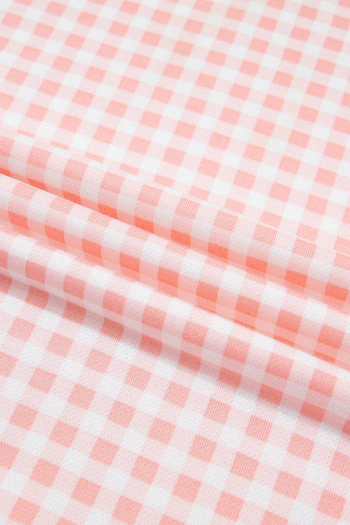 Pink Color Block Plaid Patchwork Long Sleeve Pullover Wide Leg Pant Set