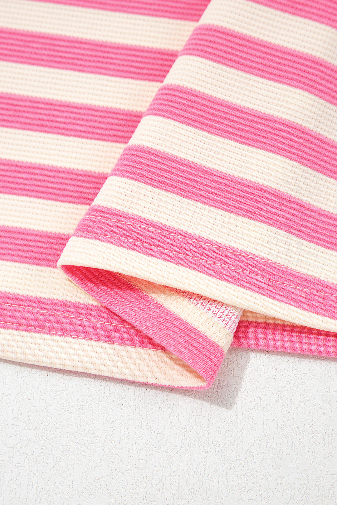 Rose Stripe Contrast Trim Polo Collar Ruffled Short Sleeve Blouse