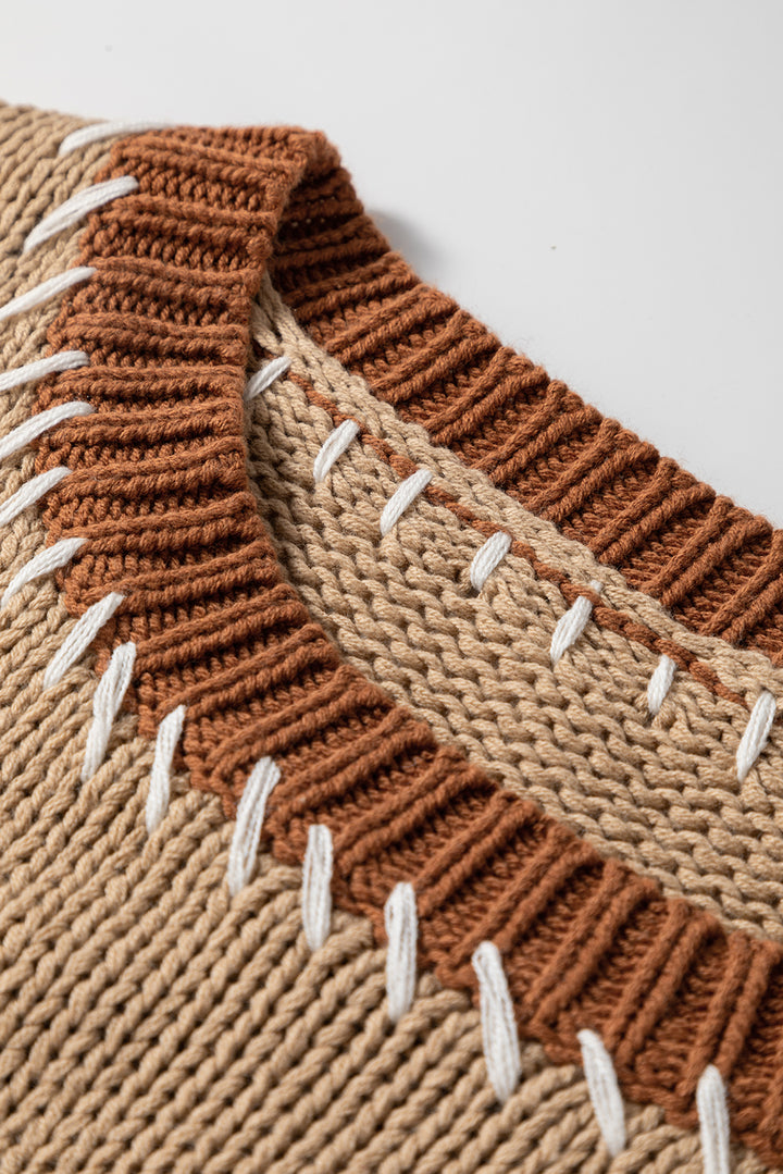 Light French Beige Contrast Stitch Detail Color Block Knitted Plus Size Sweater