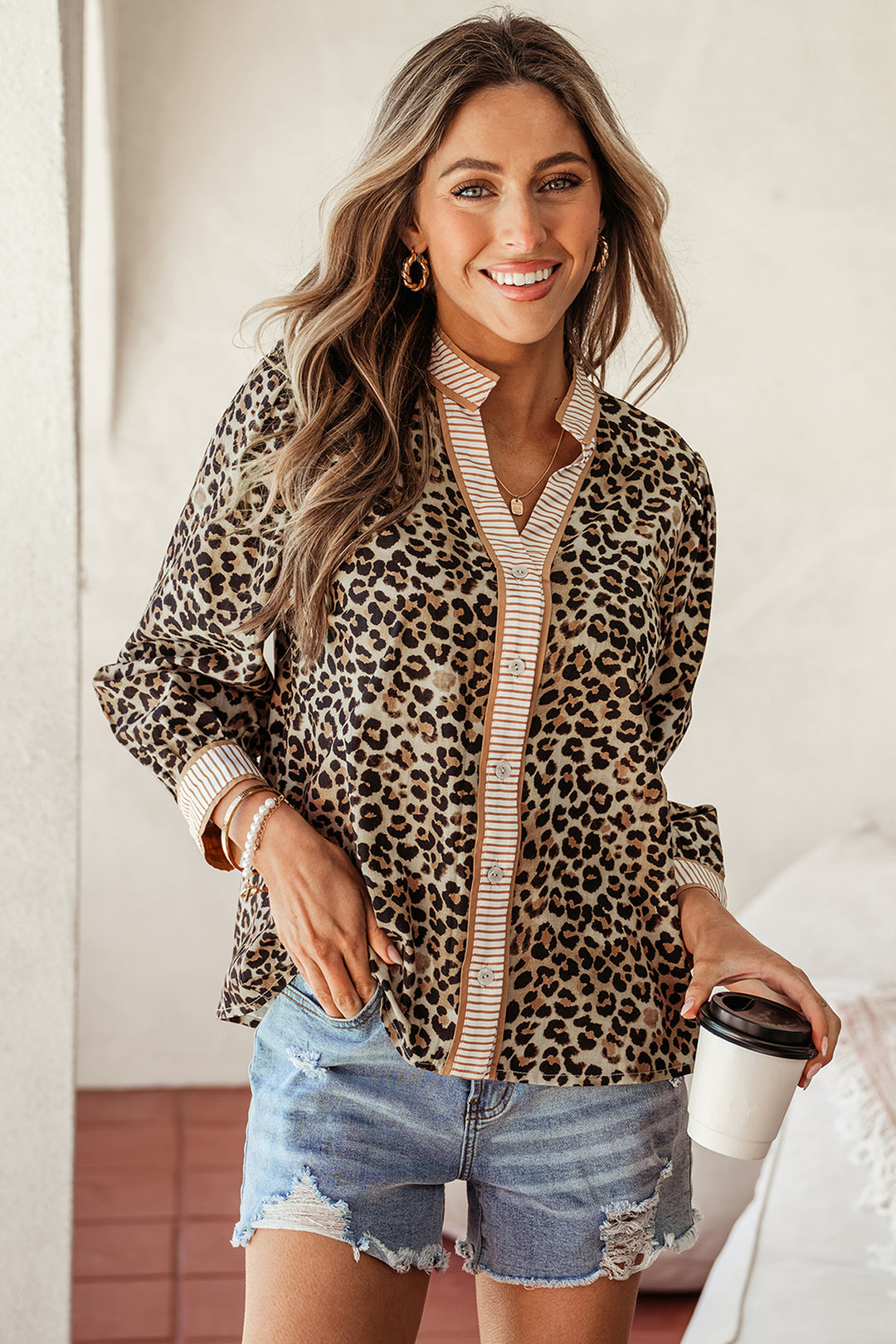 Contrast Striped Trim V Neck Leopard Shirt
