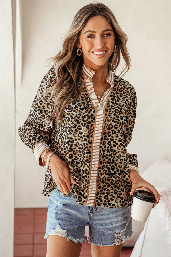Contrast Striped Trim V Neck Leopard Shirt