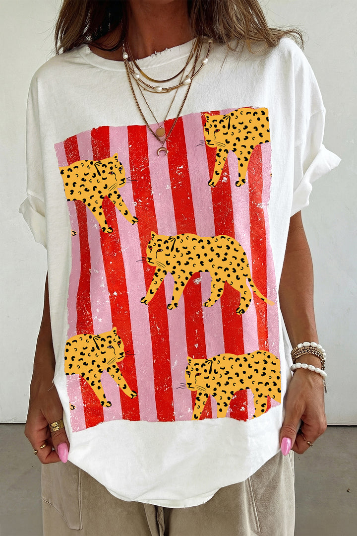White Cheetah Striped Print Retro Fashion Graphic Tee