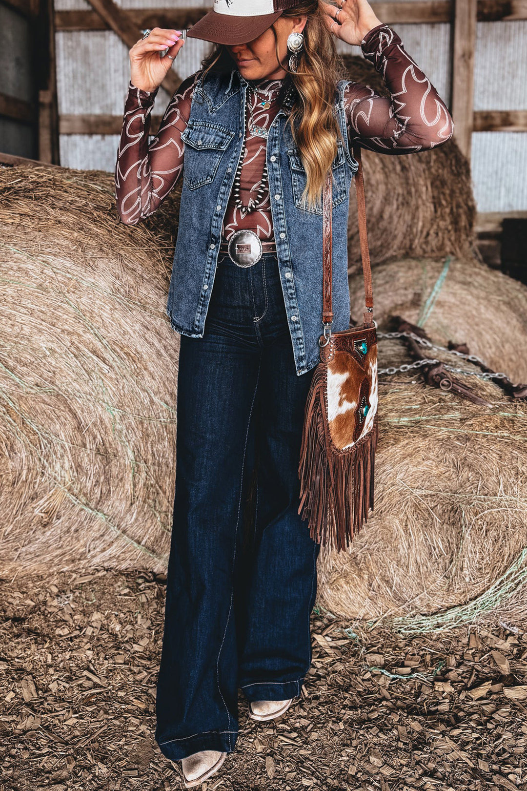 Ashleigh Blue Solid Denim Button Front Pocket Cowboy Vest