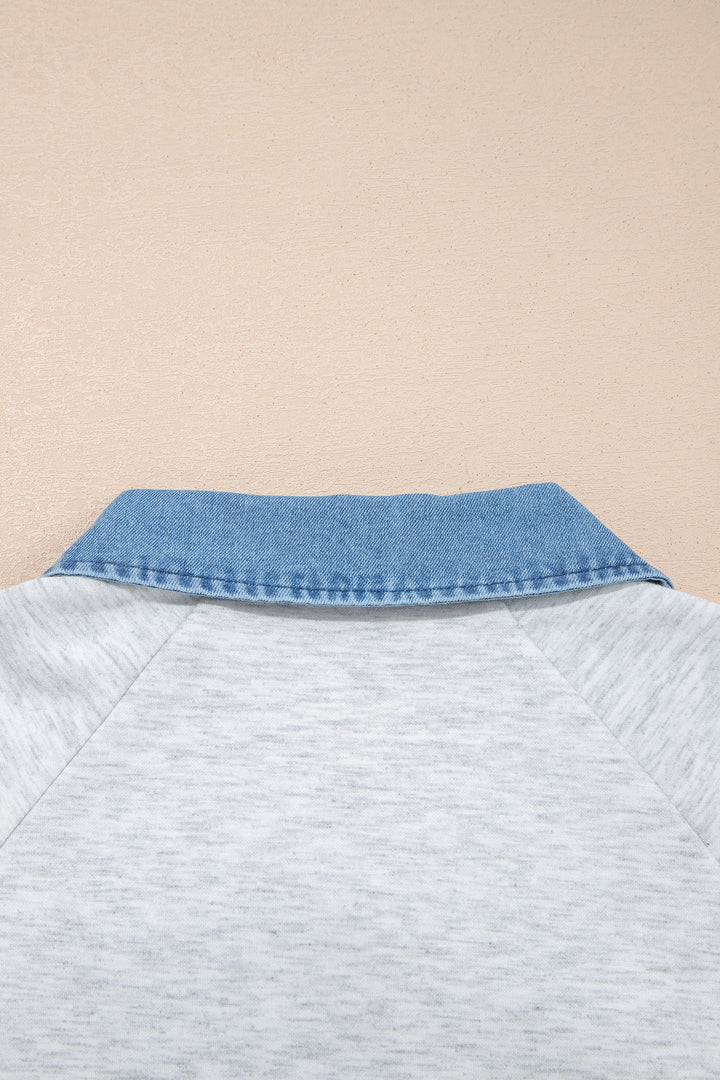 Light Grey Denim Contrast Collar Cuffed Short Sleeve Top