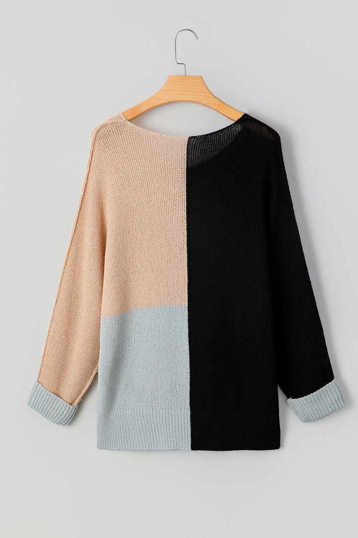 Black Color Block Knit V Neck Loose Sweater