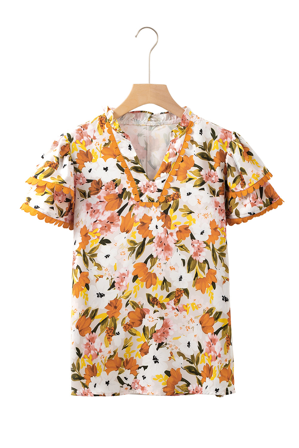 Ruffled V Neck Scalloped Short Sleeve Floral Blouse