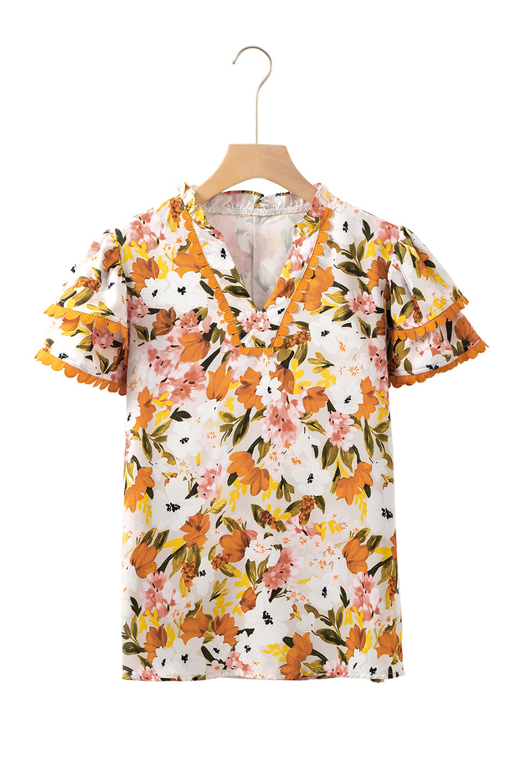 Ruffled V Neck Scalloped Short Sleeve Floral Blouse