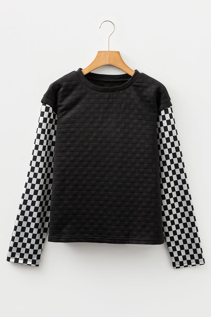 Black Plaid Textured Contrast Checkered Patchwork Long Sleeve Top