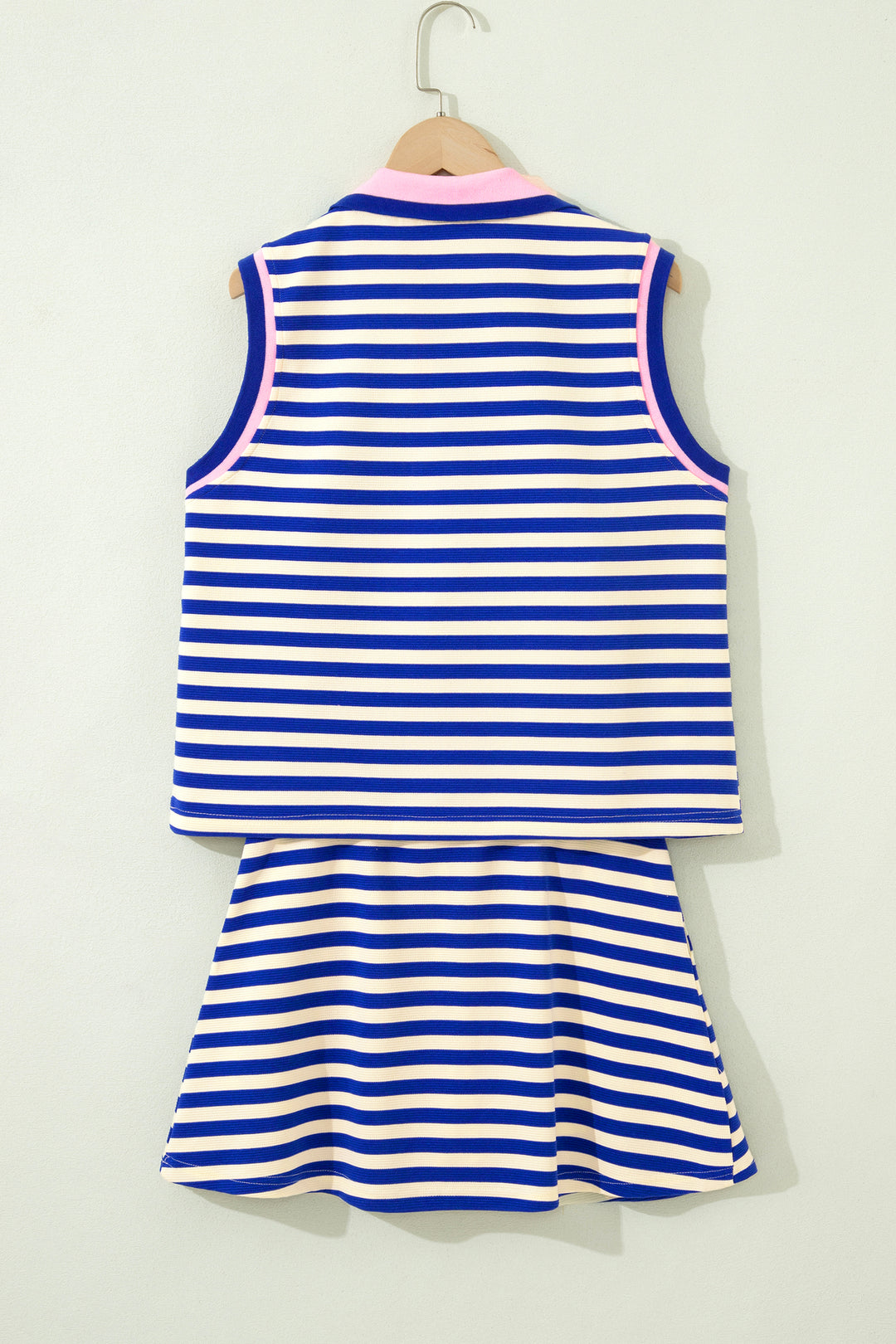 Dark Blue Textured Stripe Print Contrast Trim Zip Collar Sleeveless 2pcs Skort Set