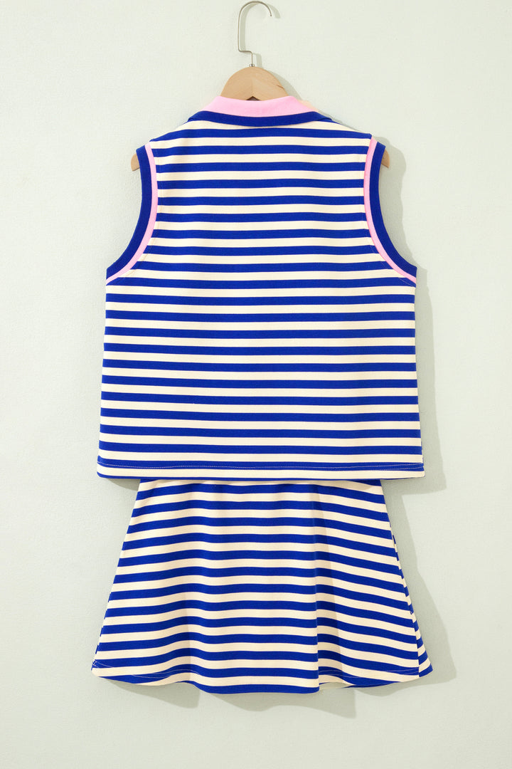 Dark Blue Textured Stripe Print Contrast Trim Zip Collar Sleeveless 2pcs Skort Set