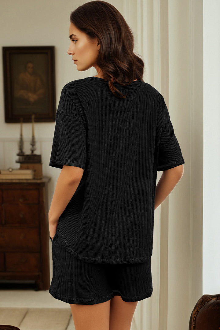 Black Solid Color Waffled V Neck Loose Tee Drawstring Shorts Set