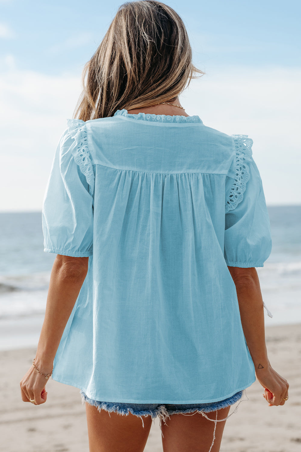 embroidered lace patchwork tie neck puff short sleeve blouse