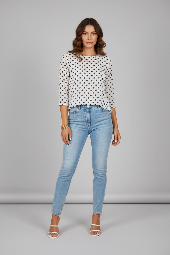 Black Polka Dot Sheer Mesh Long Sleeve Round Neck Shift Top