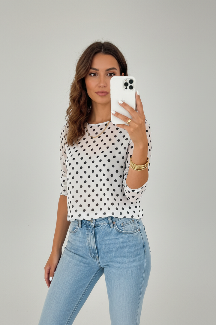 Black Polka Dot Sheer Mesh Long Sleeve Round Neck Shift Top