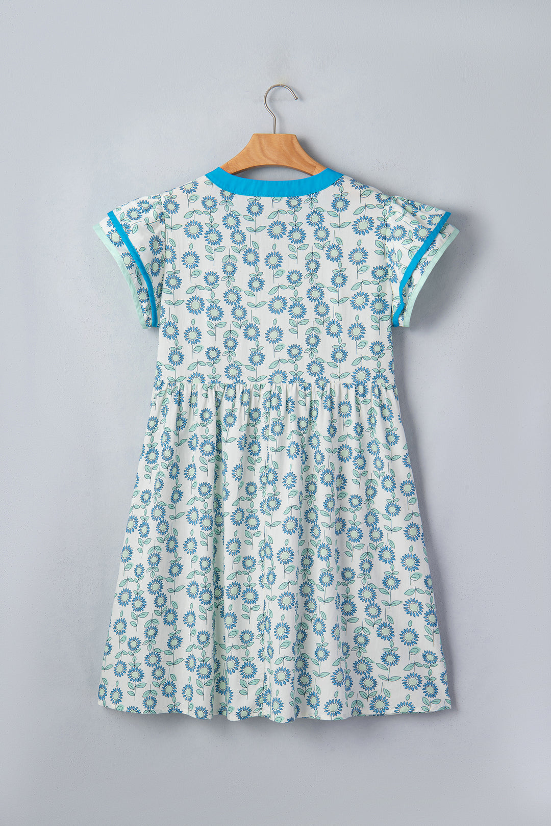 Sky Blue Floral Print Contrast Trim Flutter Sleeve Mini Dress