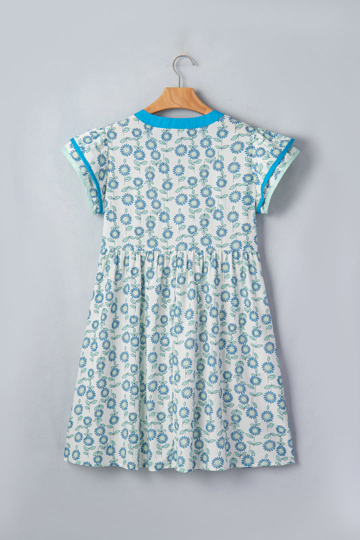 Sky Blue Floral Print Contrast Trim Flutter Sleeve Mini Dress
