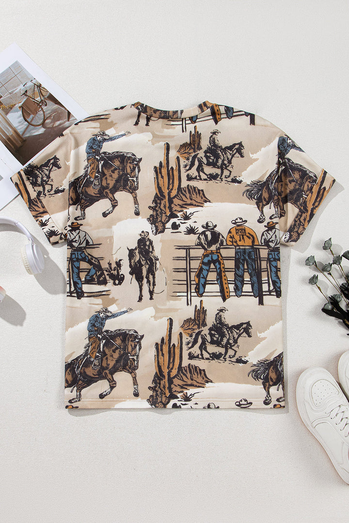 Western Cowboy Print Cuffed Sleeve Crewneck T Shirt