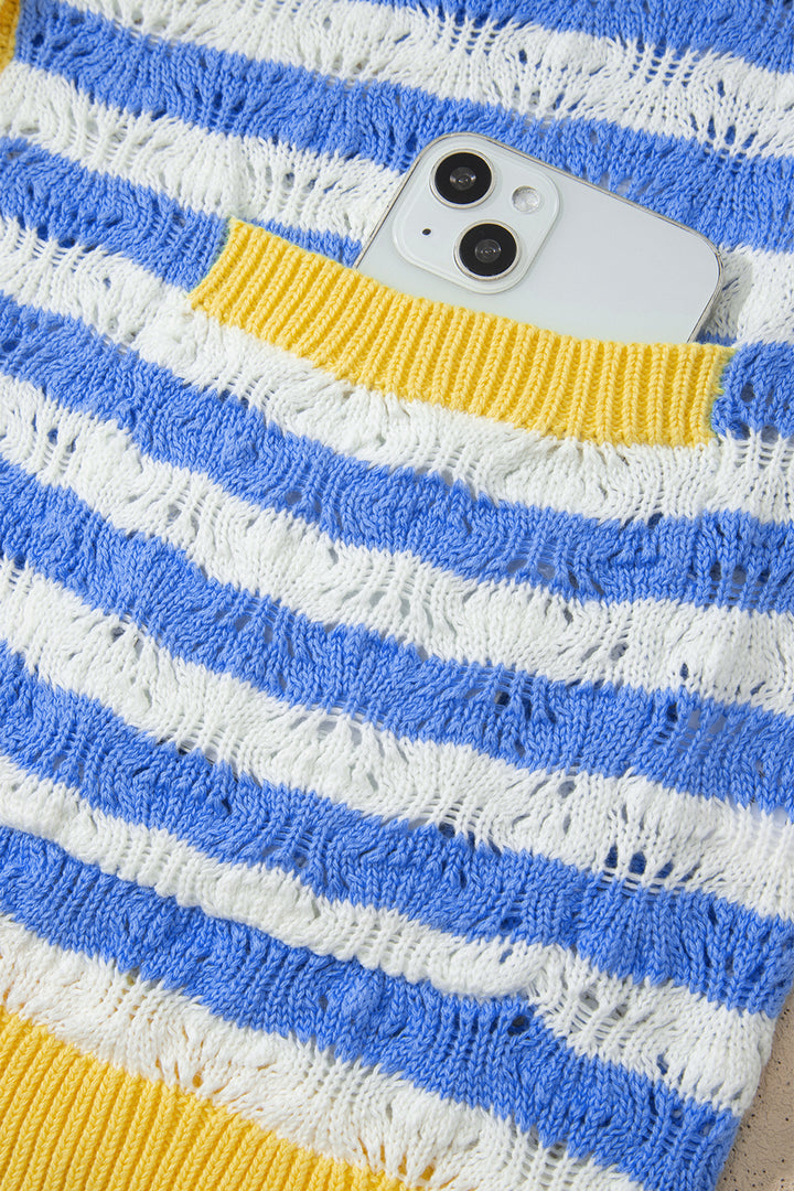 Sky Blue Stripe Button Front Long Sleeve Loose Fit Knit Cardigan