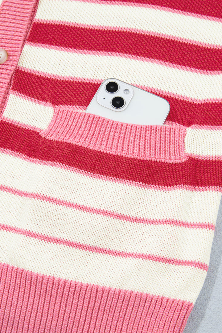 Red Stripe V Neck Long Sleeve Regular Fit Cardigan