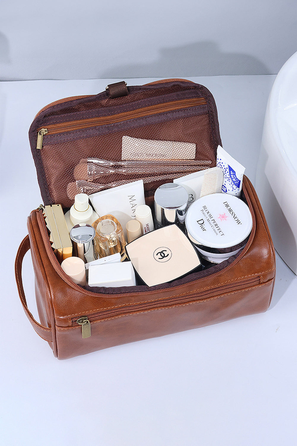 Grande trousse de maquillage multifonctionnelle en cuir PU