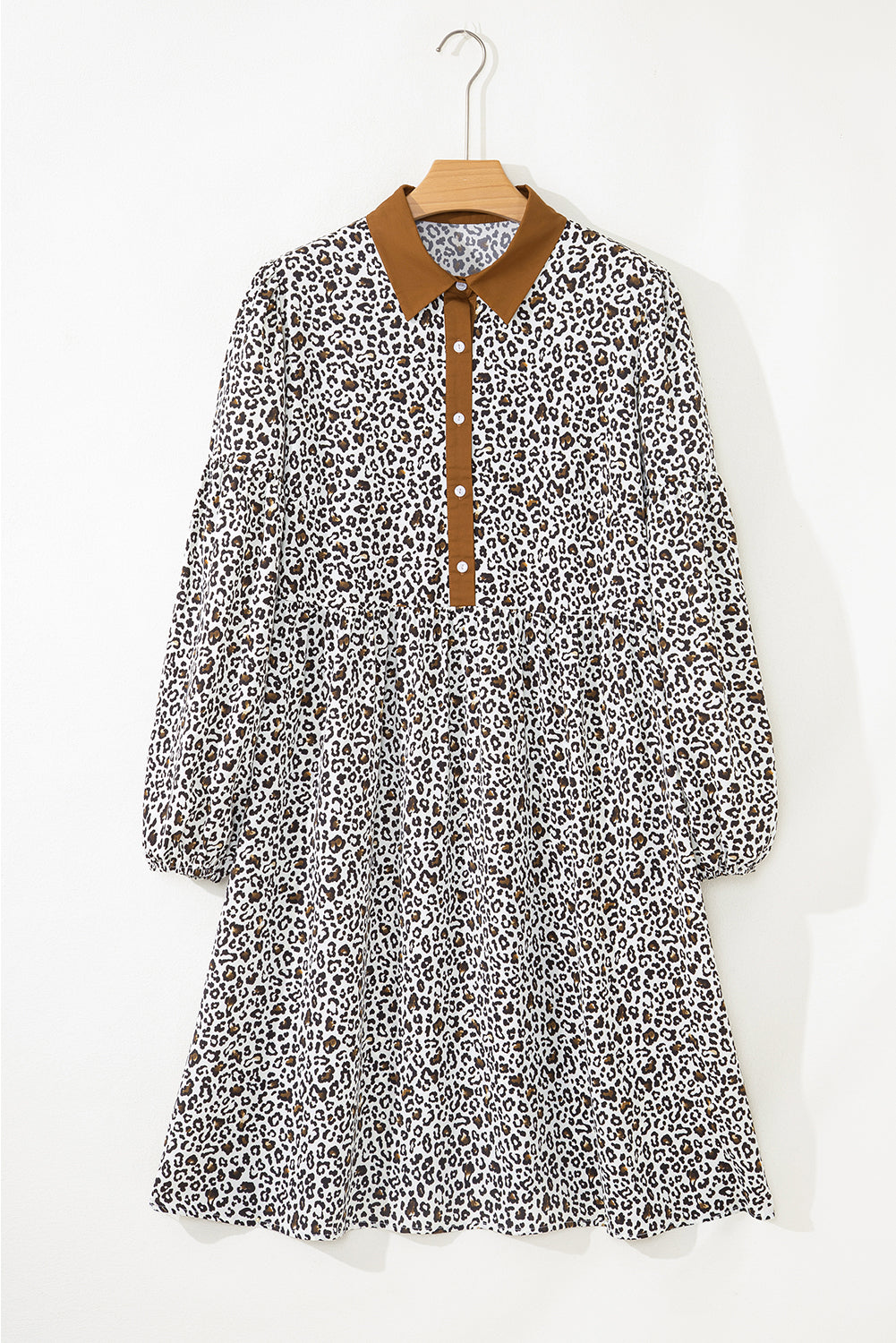 Khaki Plus Size Button Leopard Print Puff Sleeve Loose Mini Dress