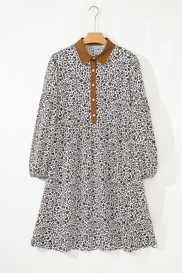 Khaki Plus Size Button Leopard Print Puff Sleeve Loose Mini Dress