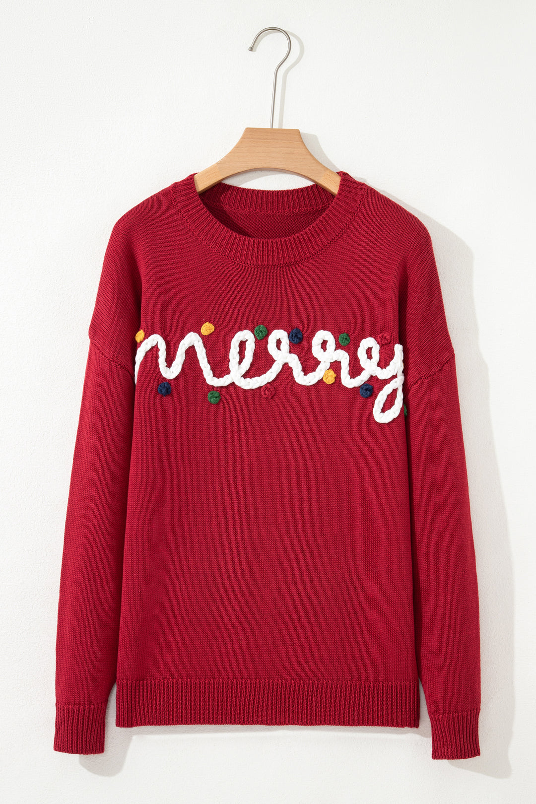 Racing Red Merry Colorful Dot Detail Christmas Drop Shoulder Sweater